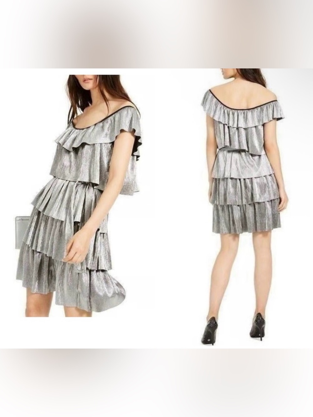 NWT Michael Kors‎ Metallic Ruffle Tiered Off-The-Shoulder Silver Dress